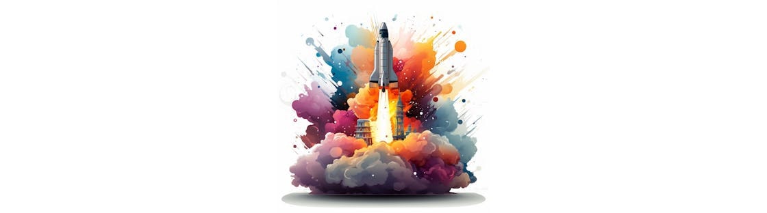 A rocket taking off from the launch platform in clouds of multi-colored smoke