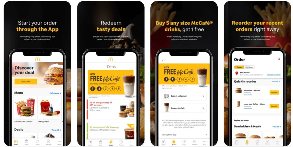 Four screenshots of a McDonald's mobile app