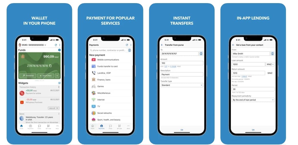 Four screenshots of a mobile bankig app