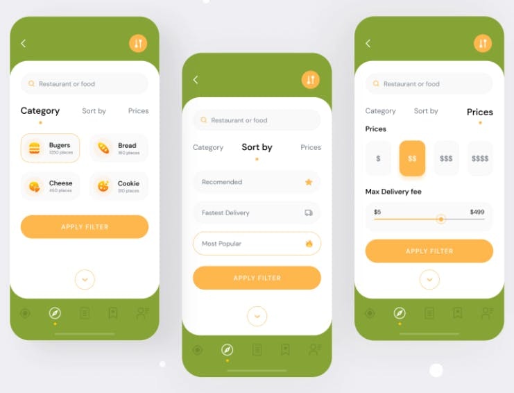 Three mobile phone screens with the examples of food delivery app filters