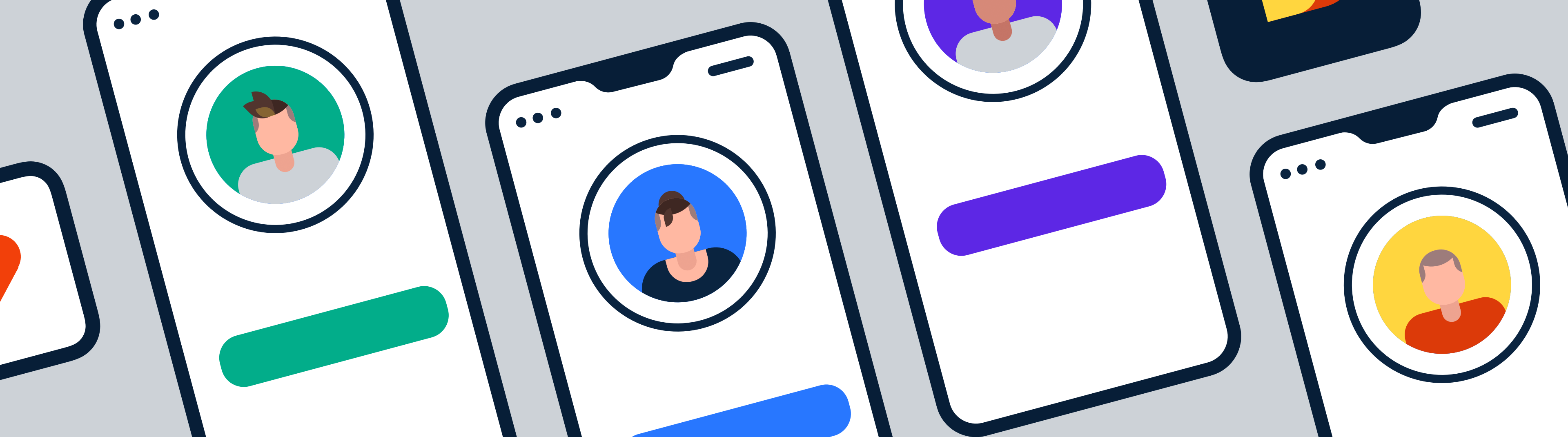 Several drawn mobile phones with people's images on their screens