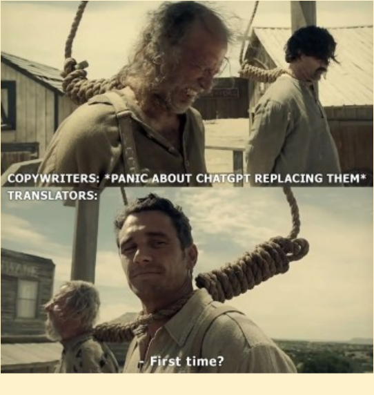 Meme depicting people about to be hanged by pirates, reflecting copywriters' fear that ChatGPT will replace them.