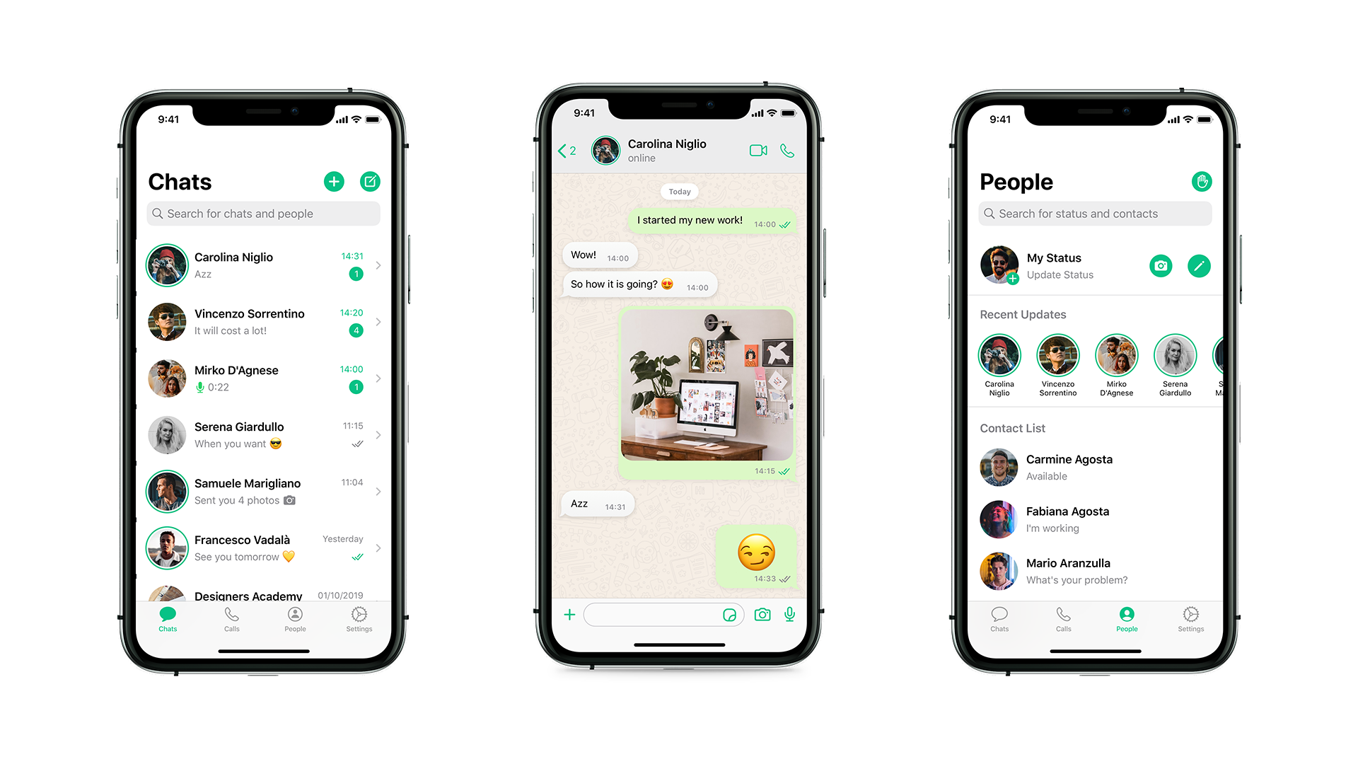 Example of WhatsApp functionality on three screens