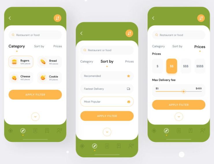 Three mobile phone screens with the examples of food delivery app filters
