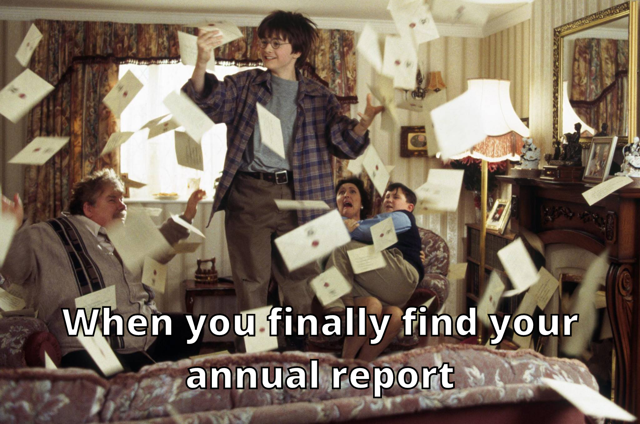 Meme with Harry Potter jumping on the bed