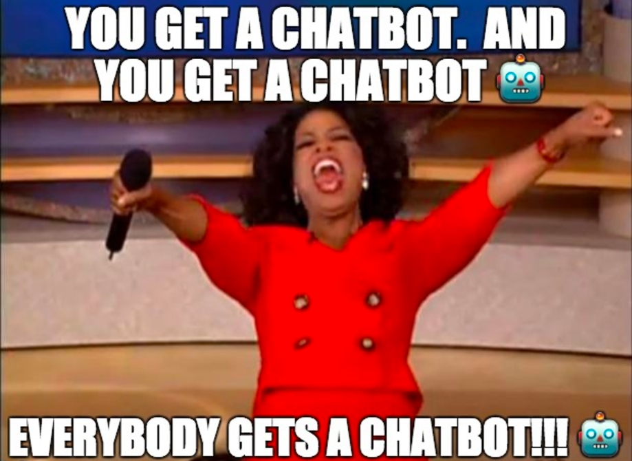 Excited woman in red is telling that everybody gets a chatbot
