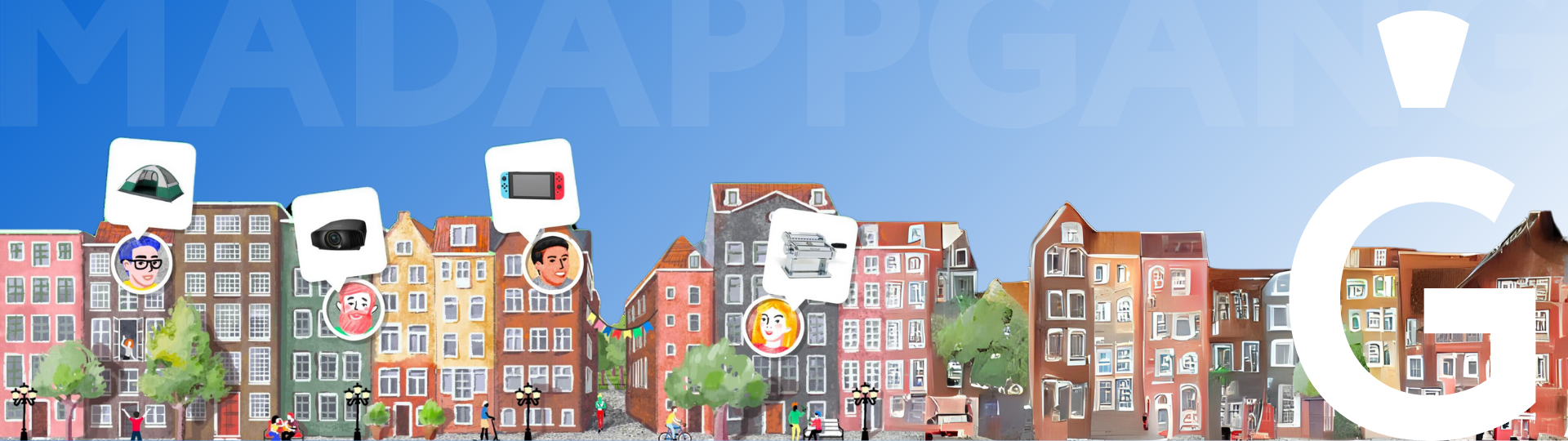 Buildings in the town with people's avatars