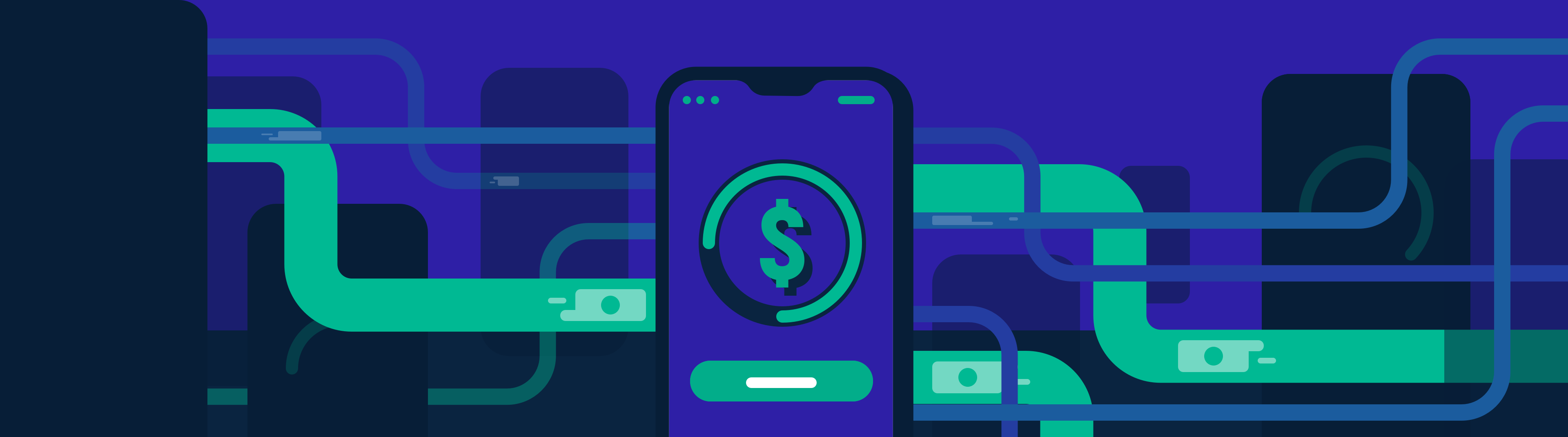 Dollar sign on mobile phone screen with pipes around it