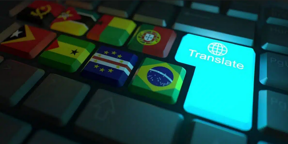 Part of a keyboard with images of flags of different countries on the keys and the word Translate on the Enter key