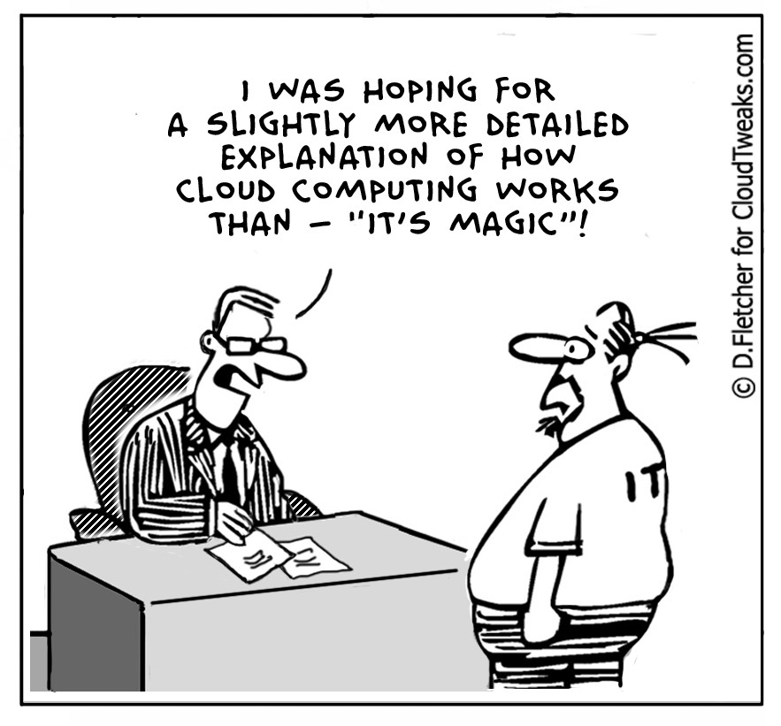 A man sitting at a table tells a man standing in front of him that he would like a more detailed explanation of how cloud applications work