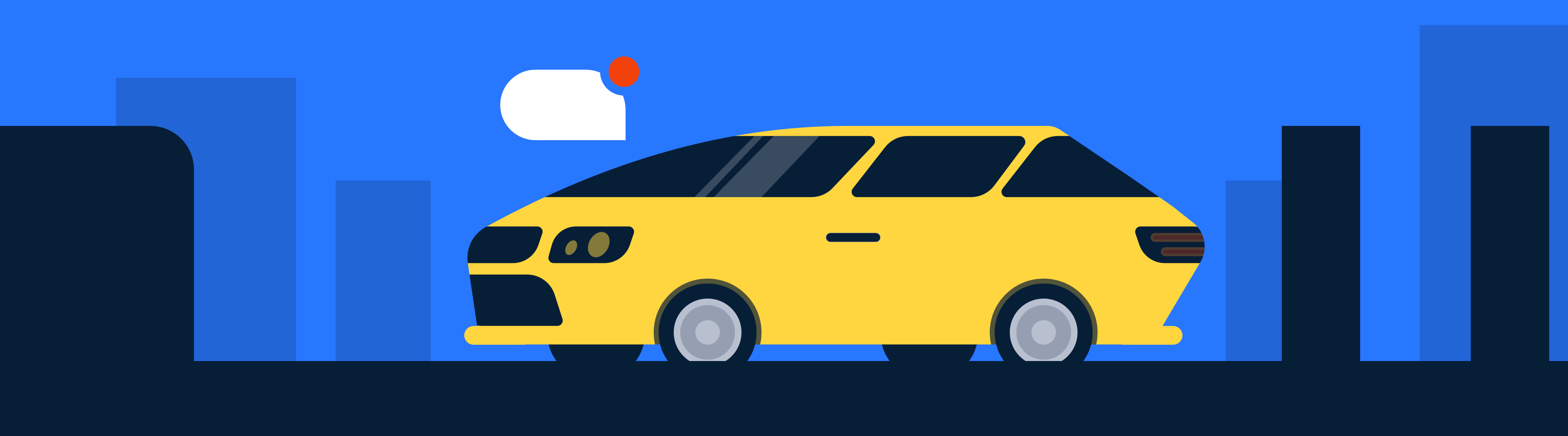 Yellow drawn hatchback on cityscape