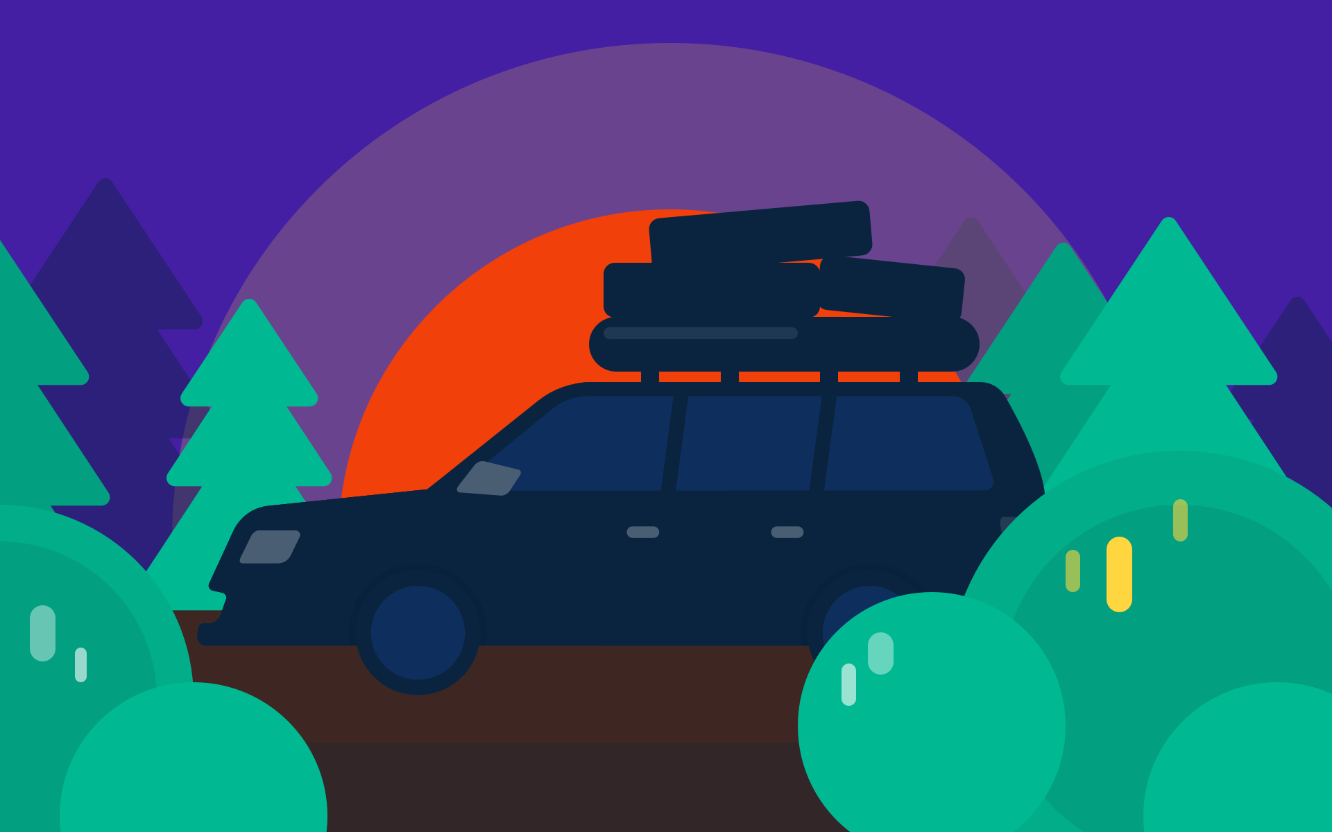 A black coach with a pile of luggage on the roof stands against the backdrop of a sunset