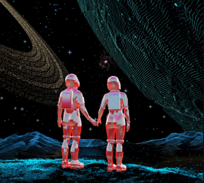 Two astronauts in spacesuits stand on a deserted planet and look at the sky