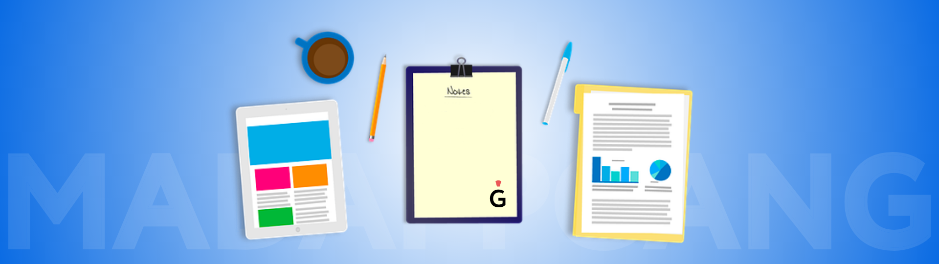 A tablet, an open folder with papers, a pencil, a pen and a cup lying on a surface