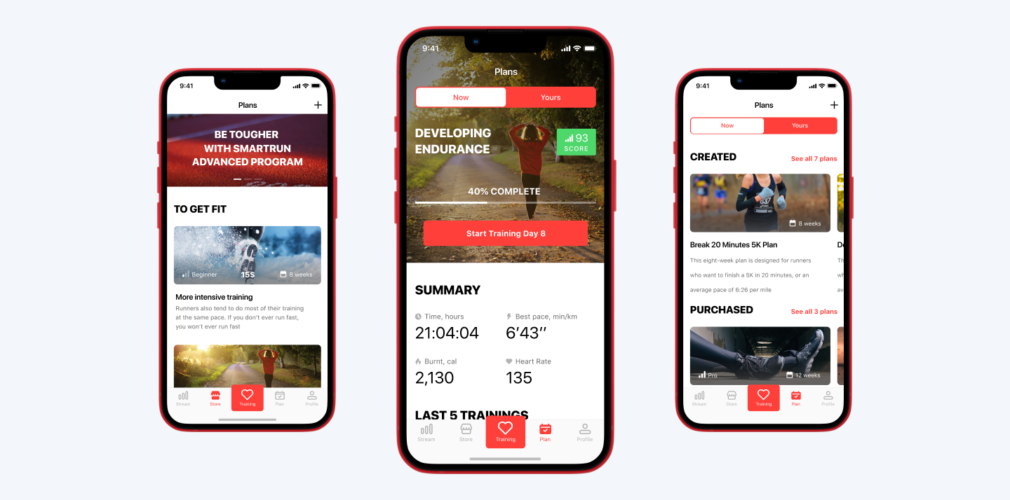 Three smartphone screens with training apps on their screens