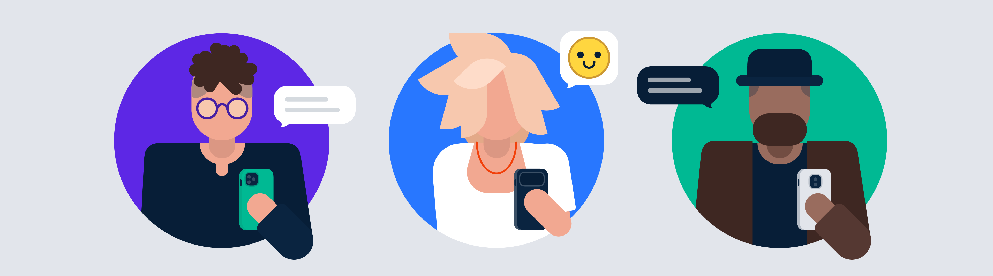 Schematic image of three people with mobile phones in their hands and in conversation with someone.