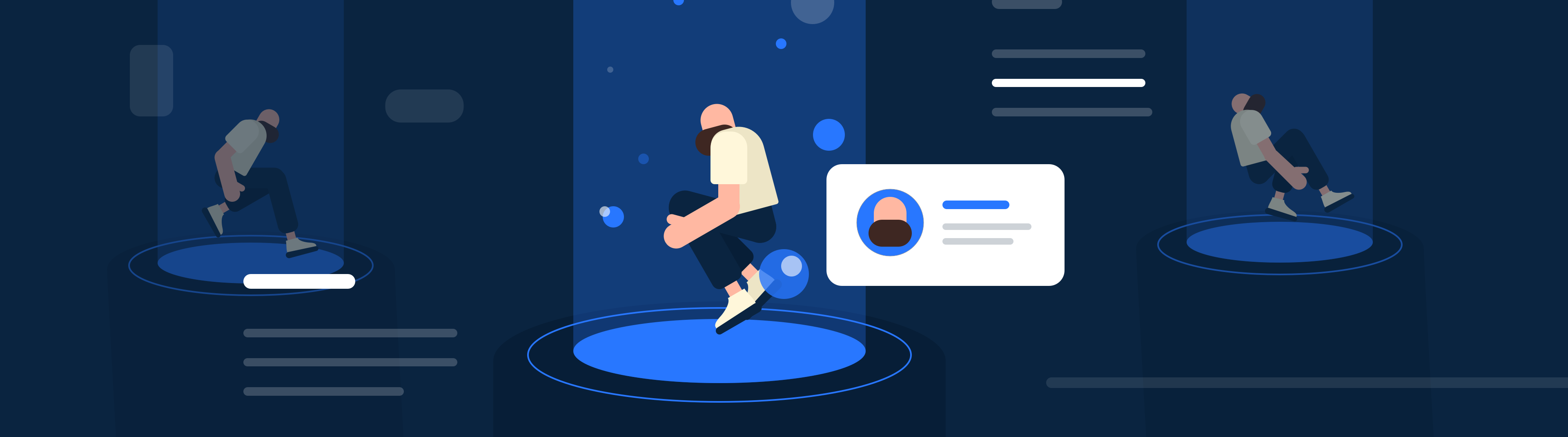 Three drawn app developers jumping in the circles of light