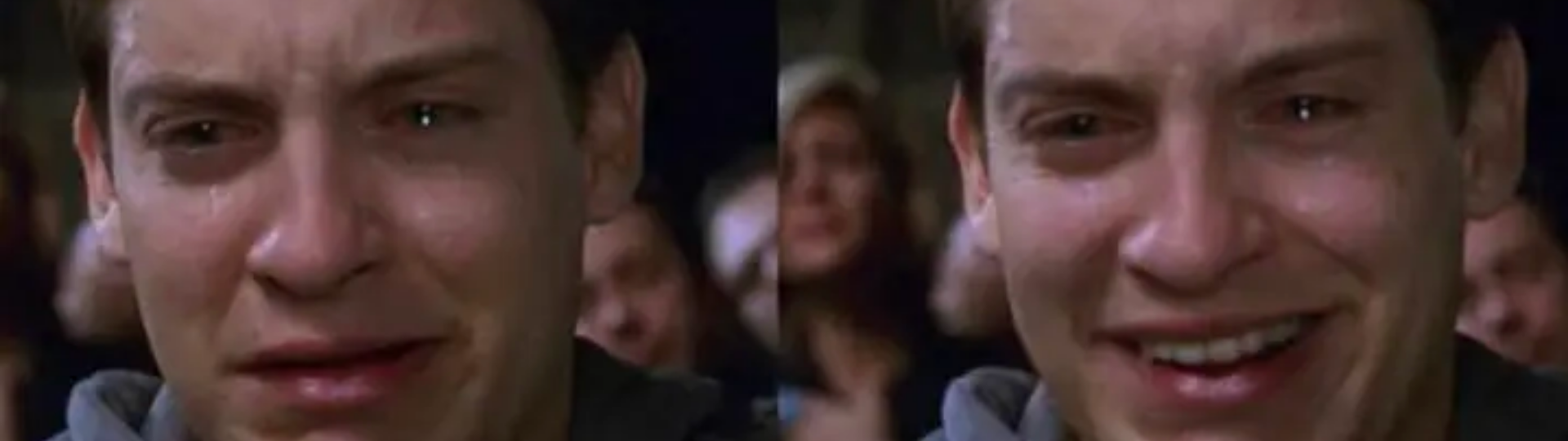 Two photos of a man, in the first he is crying, in the second he is laughing.