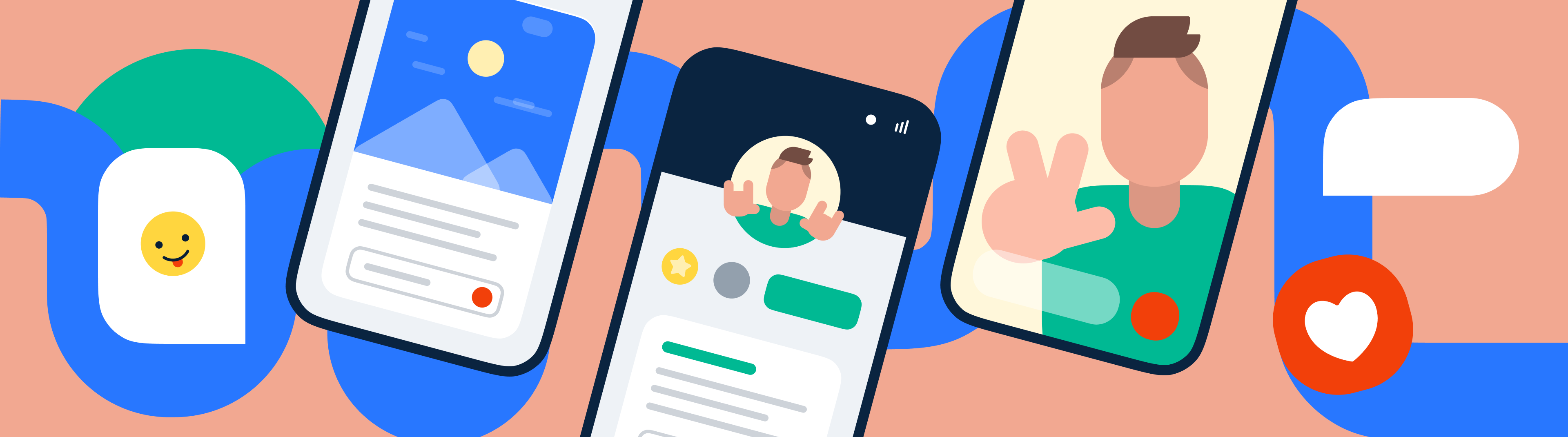 Three smartphone screens with social networks on them