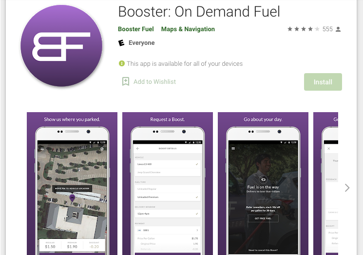 Screenshots of Booster app - an American gasoline and diesel delivery service provider