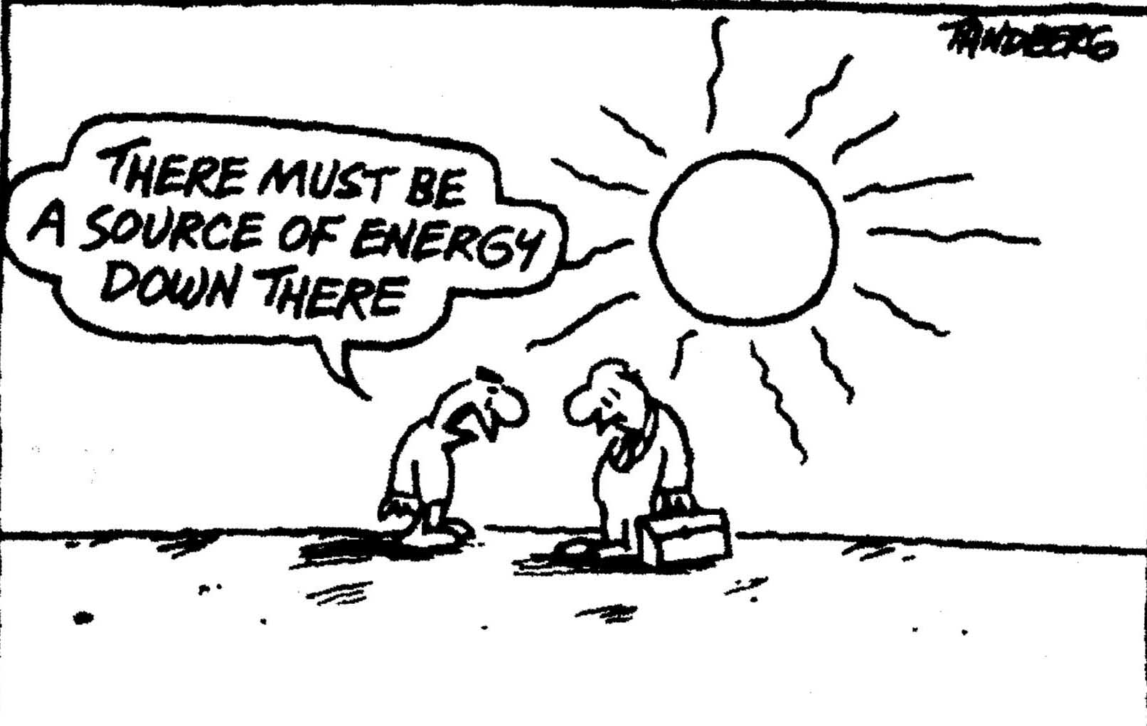 Two little men stand next to the sun