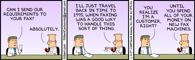 Three small pictures illustrating the dialogue between the customer and the developer involved in cloud applications development