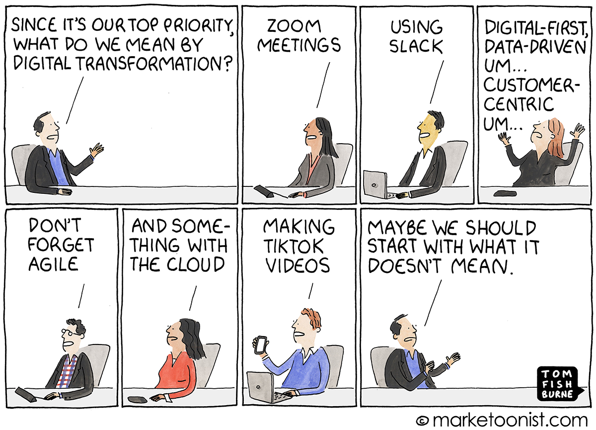 The boss asks his subordinates what they mean by digital transformation and listens to their answers