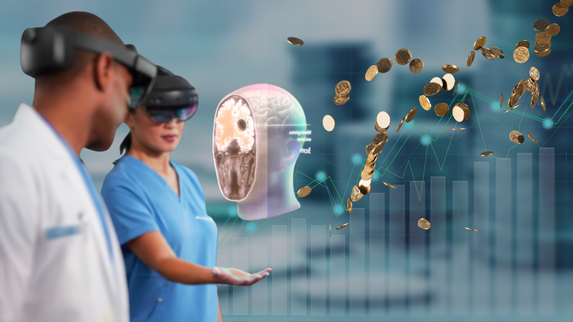 Two doctors, a man and a woman, wearing VR glasses are standing with a 3D model of a human head in a section