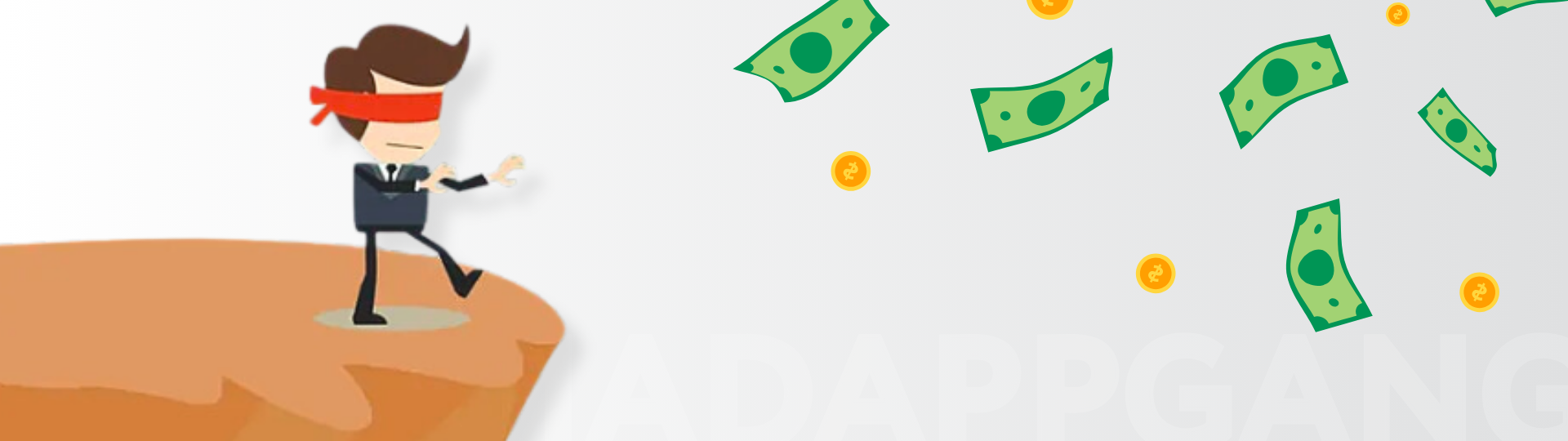 A drawn, blindfolded man walks towards a cliff with bills flying over it, looking for a better pricing strategy