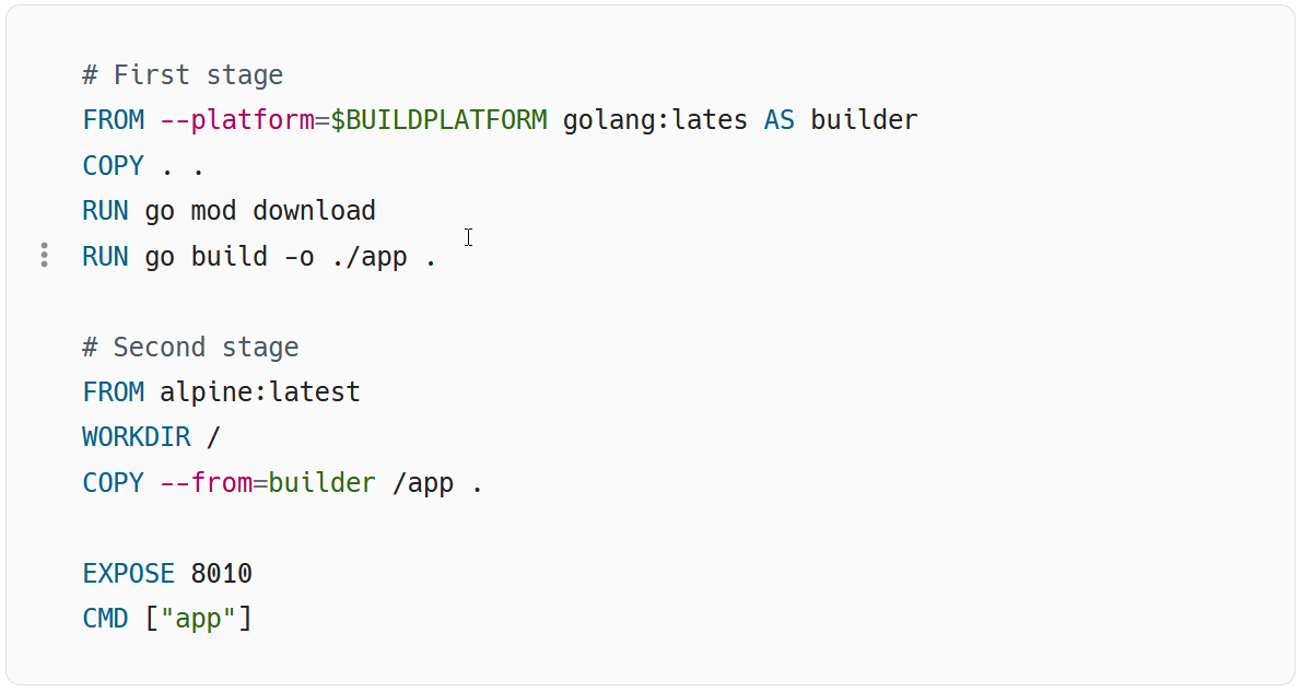 Code snippet to split the Docker image into multi-stage dockers
