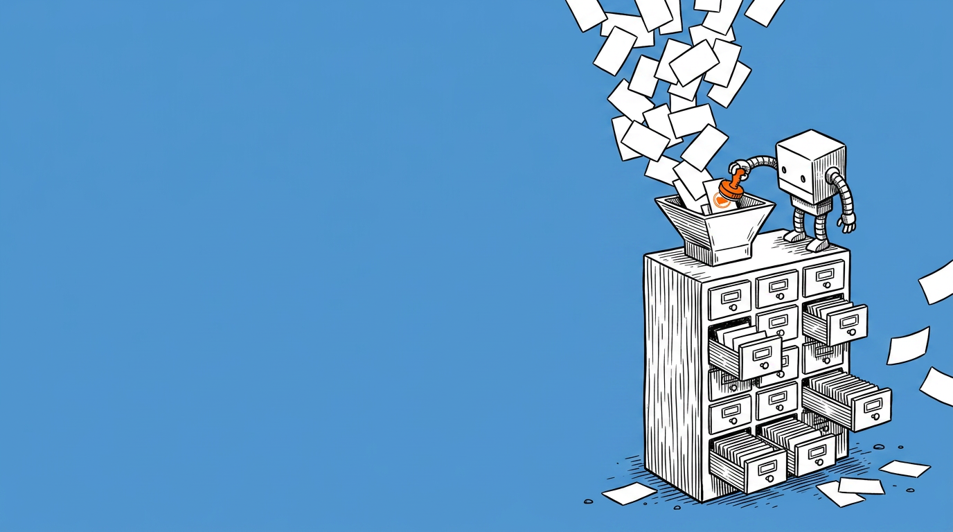 A firehose of glowing model cards being catalogued by a calm robot librarian