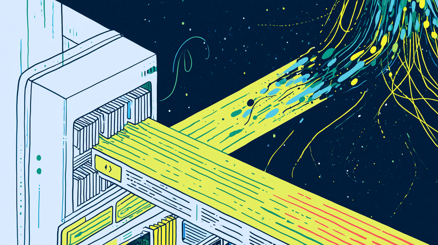 Minimalistic isometric illustration of an AI retrieval pipeline making an intelligent routing decision