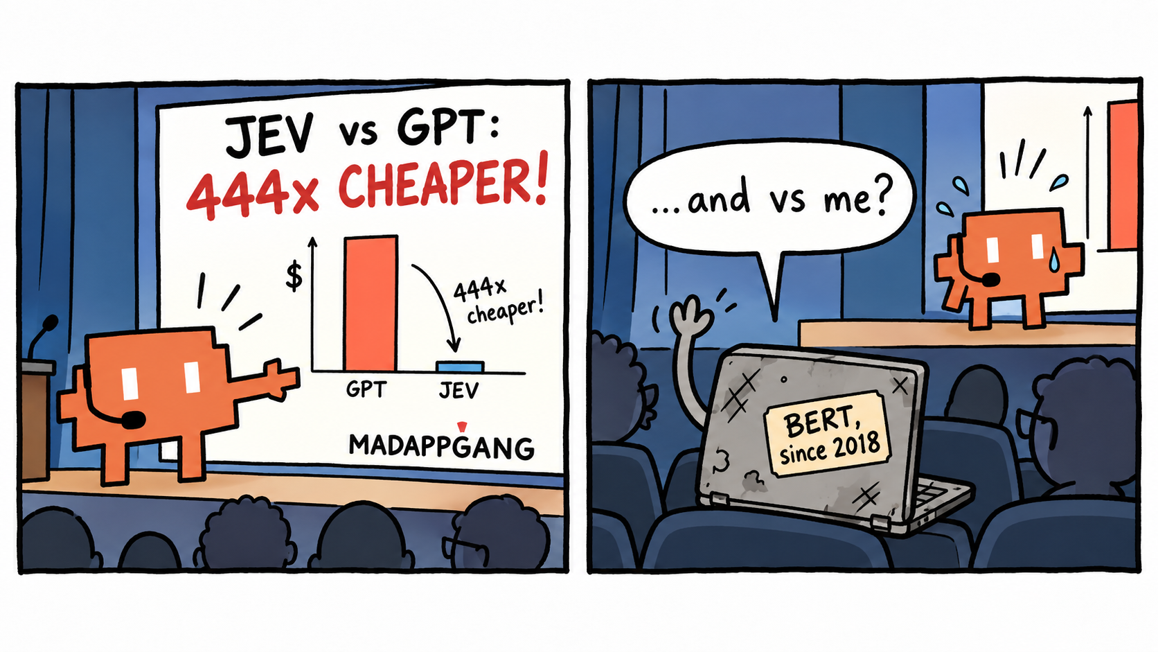 Comic: the Claude Code mascot presents "JEV vs GPT: 444x CHEAPER!" on stage, and an old laptop labelled "BERT, since 2018" raises its hand: "...and vs me?"