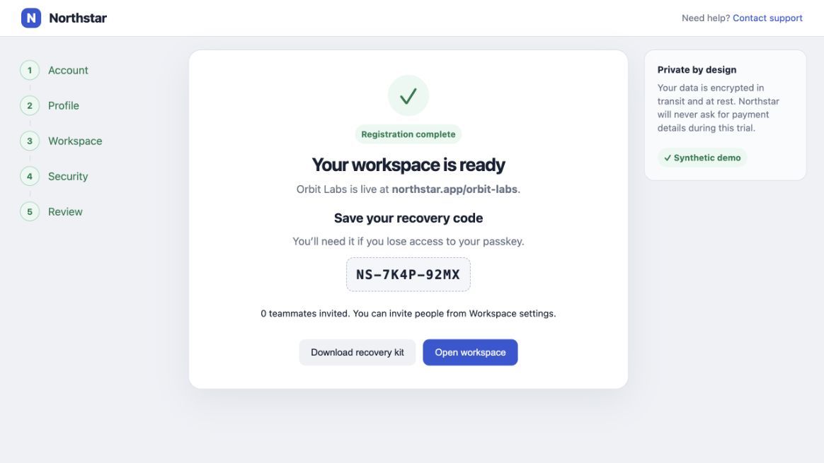 Synthetic registration completion screen showing a recovery code and workspace actions, the kind of exact text the OCR track had to read.