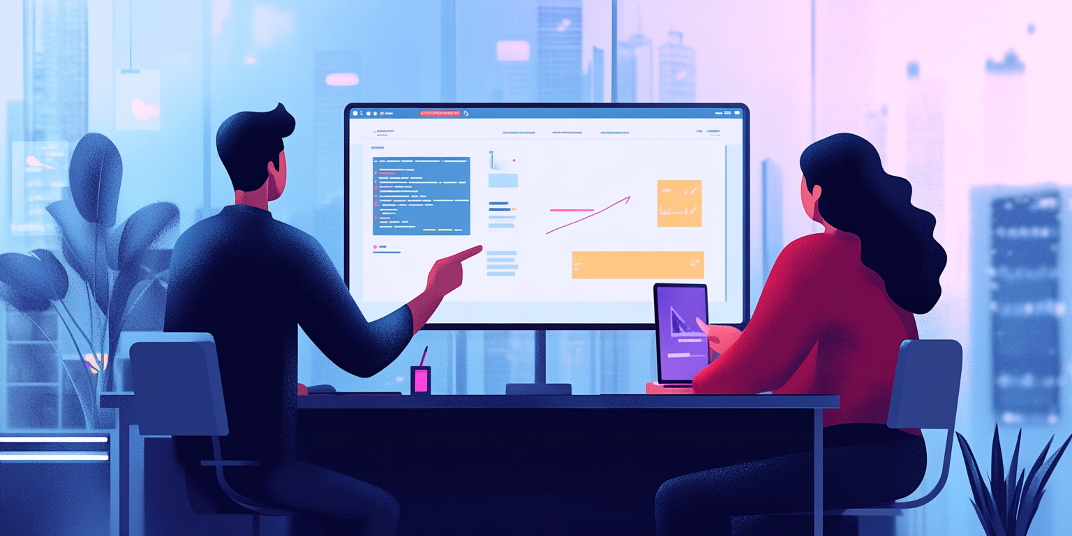 Man and woman looking to the screen with financial graphics