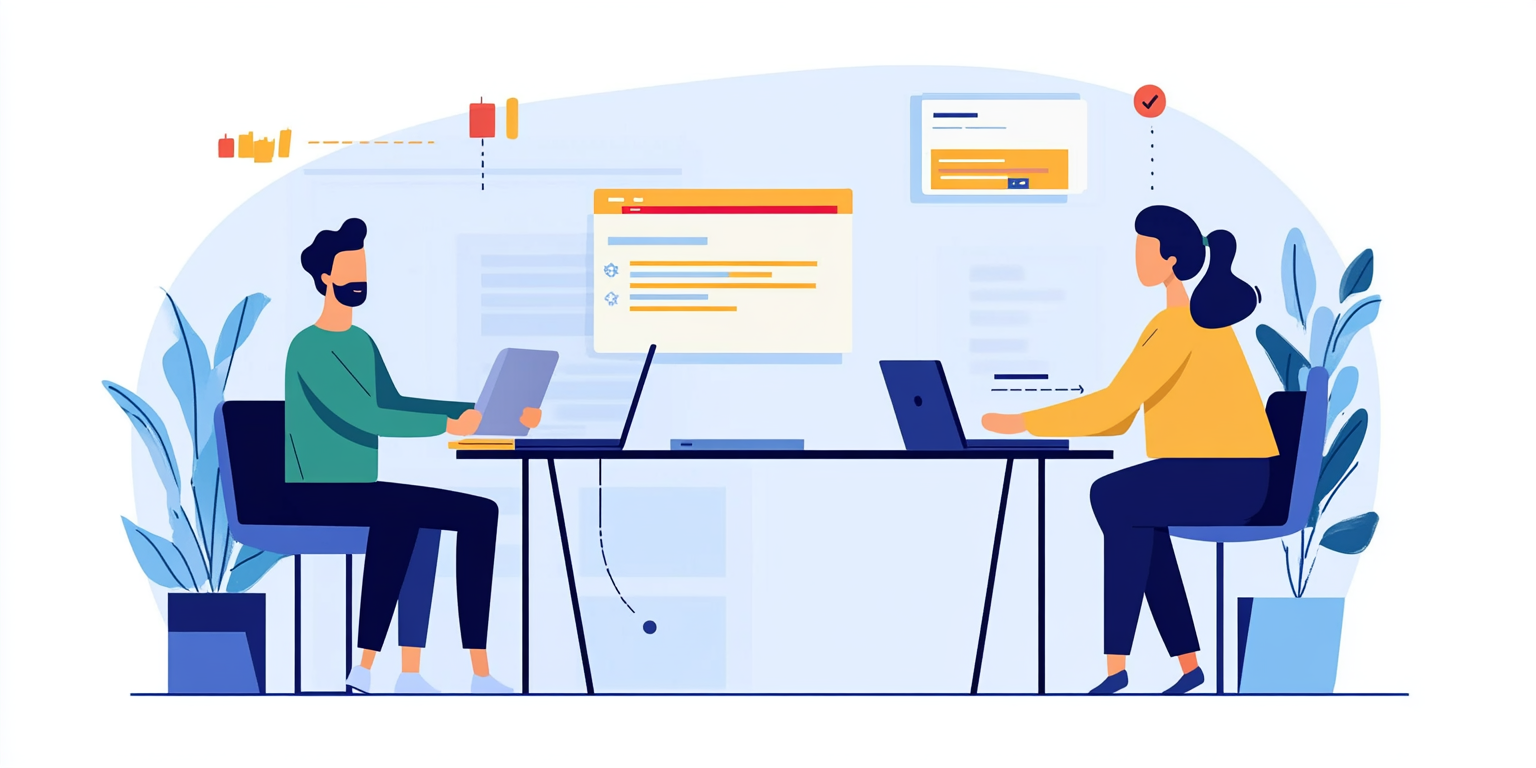 Man and woman sitting before the laptops and choosing developers for their project