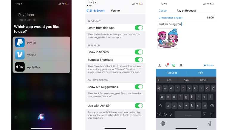Three screens of the Venmo app interface