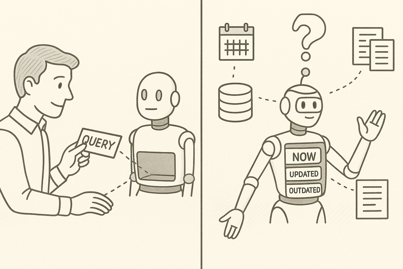 Two-panel sketch: a man gives a query to a robot, which updates its context blocks labeled “Now,” “Updated,” and “Outdated”