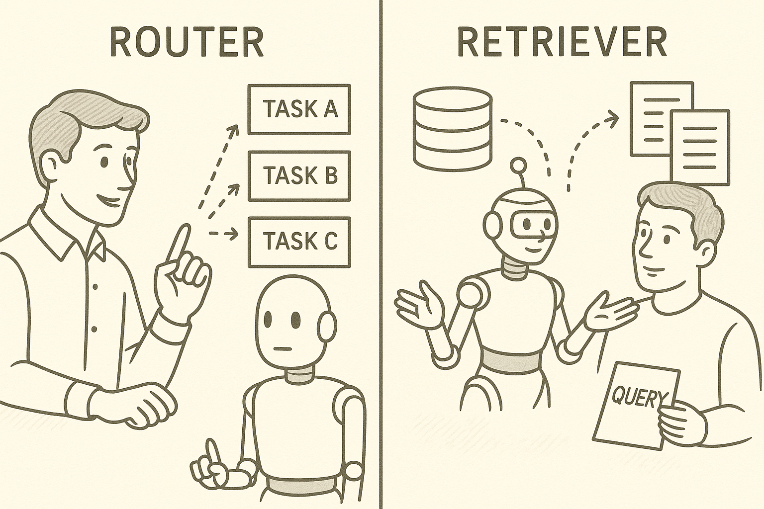 Two-panel sketch: left shows a man directing a robot to tasks, right shows a robot fetching documents for a query