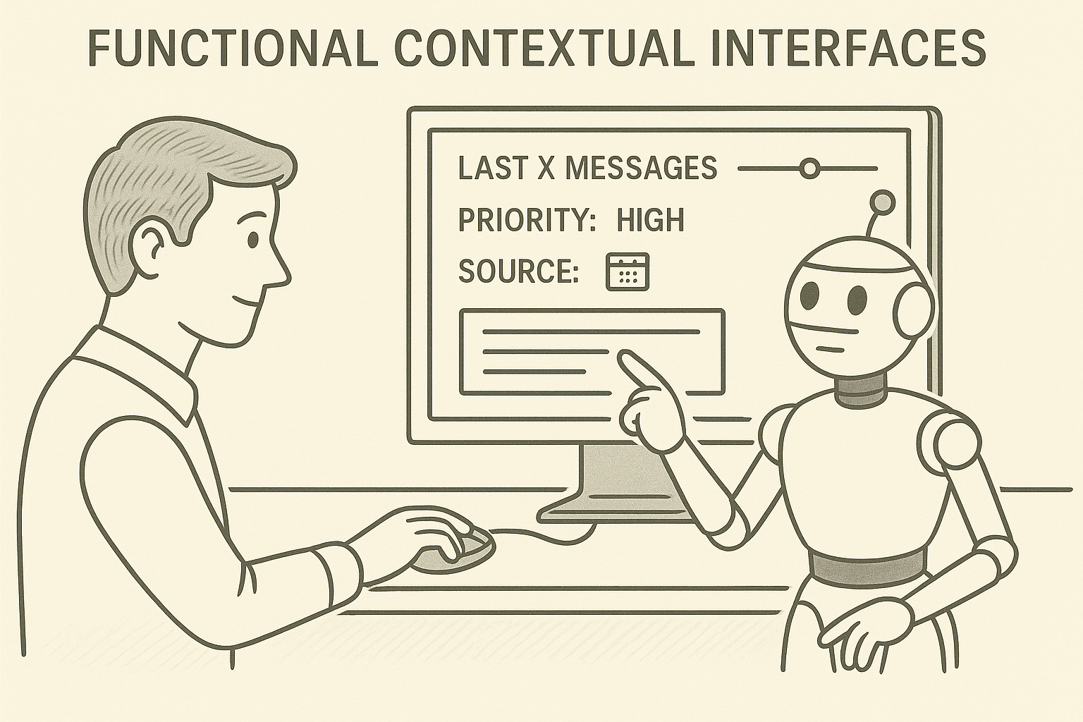 Robot and human interact with a screen showing filters like “Last X messages,” “Priority: High,” and “Source: Calendar”