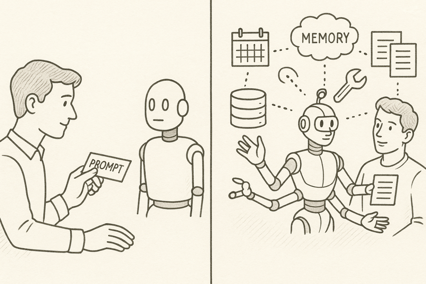 Drawing with a robot and a man holding a Prompt word