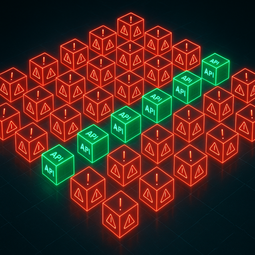 A large number of cubes with API inscriptions and exclamation marks