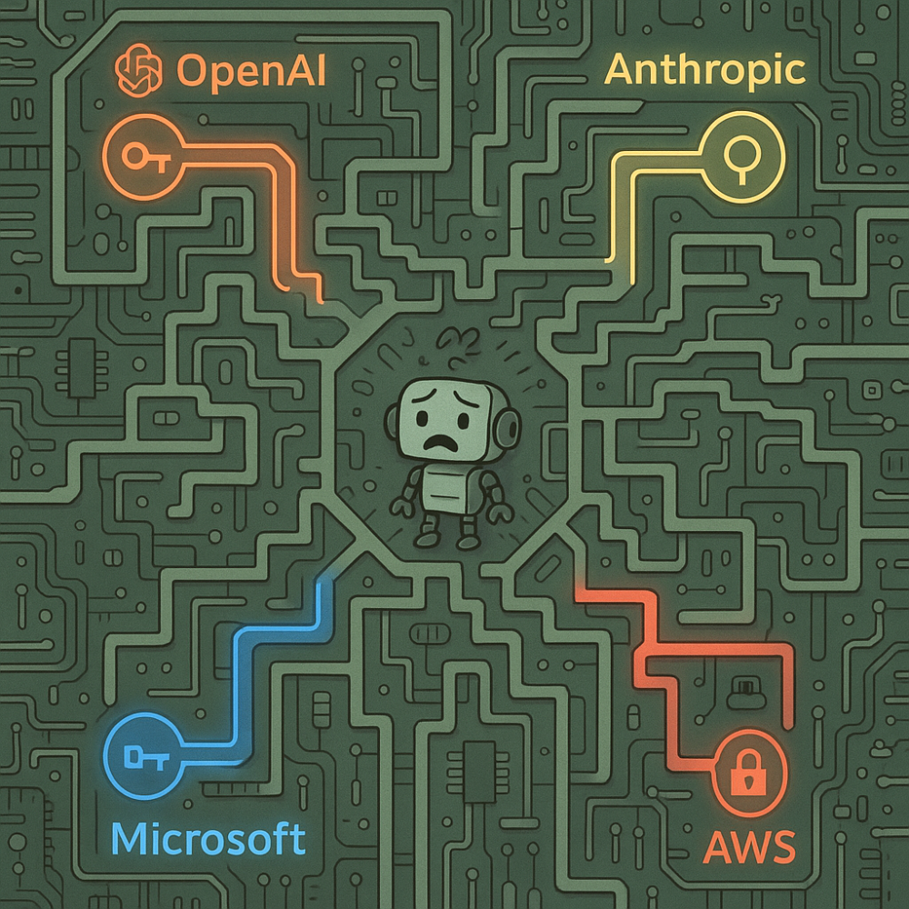 A small confused robot in the middle of a maze