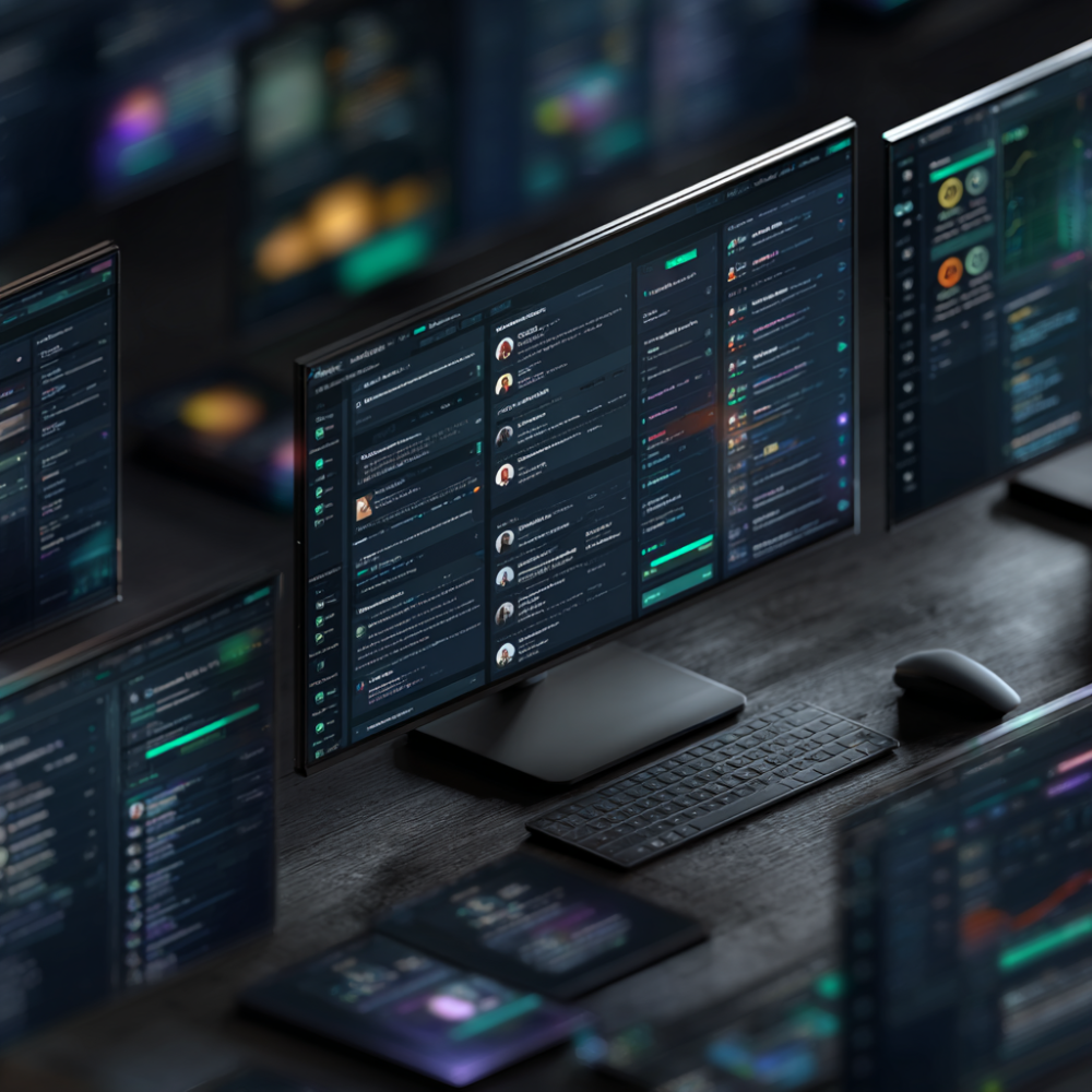 Several screens and keyboards