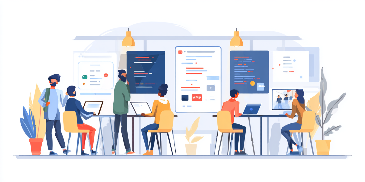 Futuristic startup office with diverse developers collaborating on AI projects