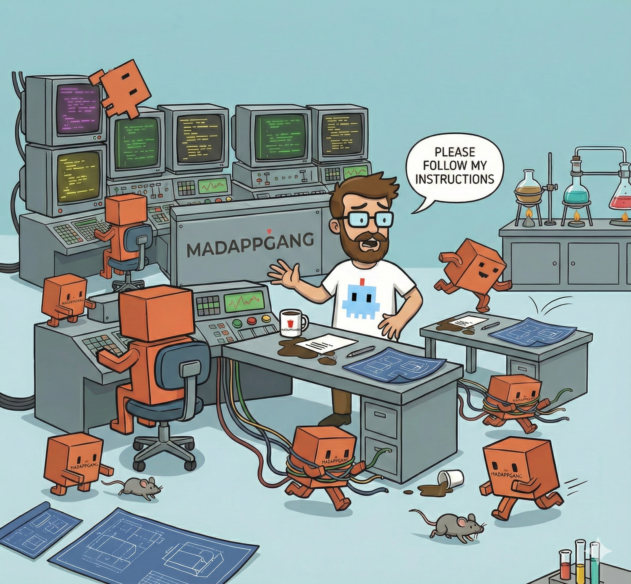 A programmer sitting at the table and asking the little agents follow his instructions