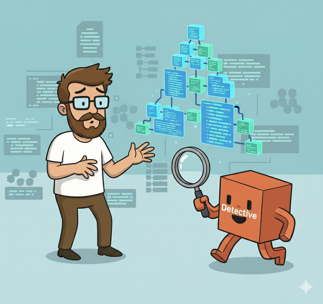 Robot-agent is carrying a magnifying glass to a confusing AI engineer