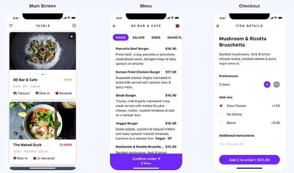 Three screenshots of a food ordering app