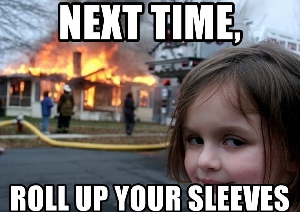 Meme with a smiling girl against the background of a fire