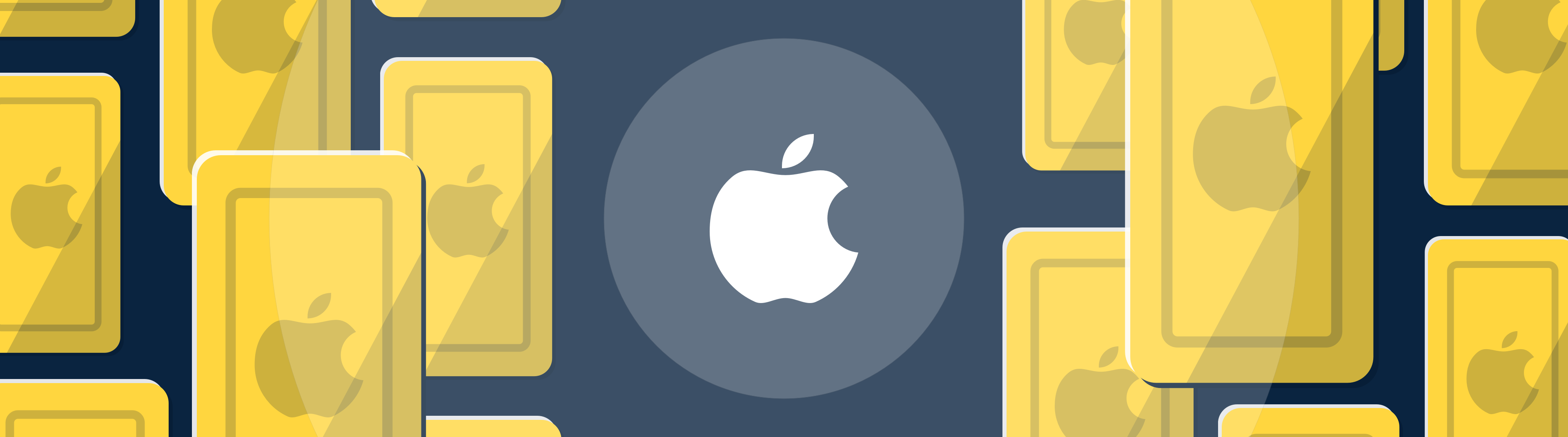 The center features the Apple logo, encircled by numerous cards bearing identical logos